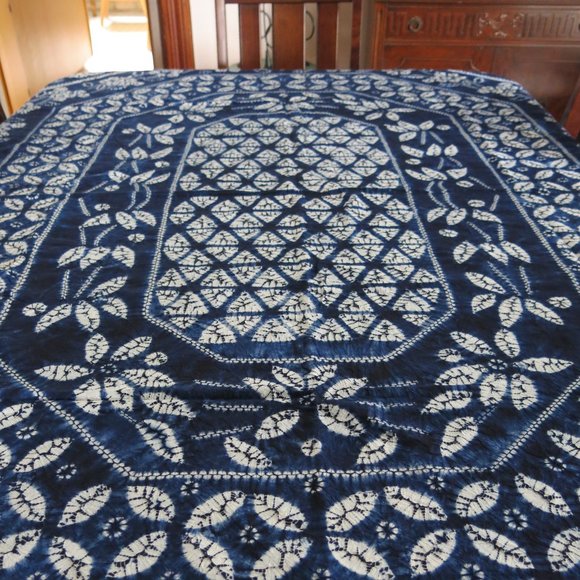 Handmade Other - Hand Dyed 100% Cotton Indigo Shibori Technique Floral Pattern Large Tablecloth